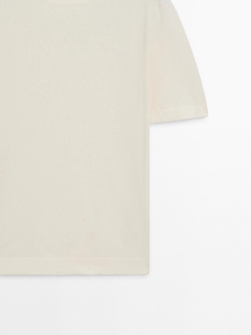 Massimo Dutti Knit Crew Neck With Short Sleeves Men T-Shirt Cream | US-BT1876905