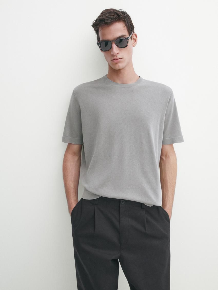 Massimo Dutti Knit Crew Neck With Short Sleeves Men T-Shirt Grey | US-DF6591872
