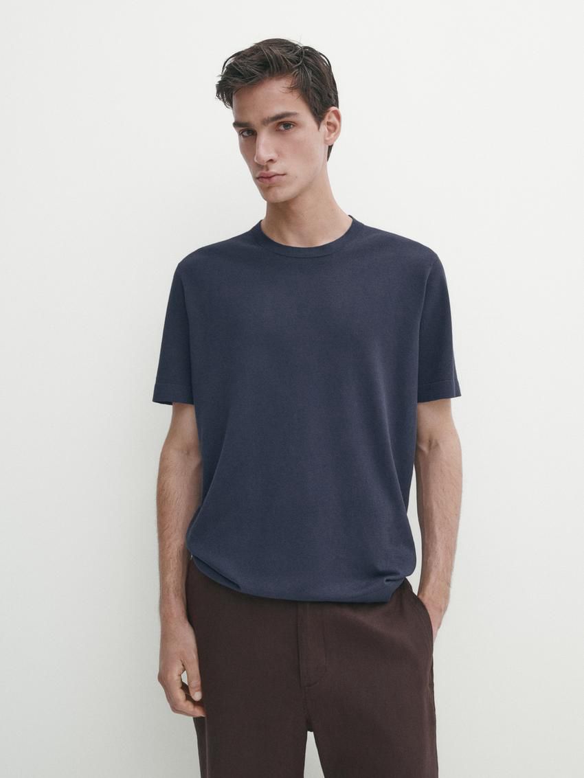 Massimo Dutti Knit Crew Neck With Short Sleeves Men T-Shirt Navy | US-DS6702984
