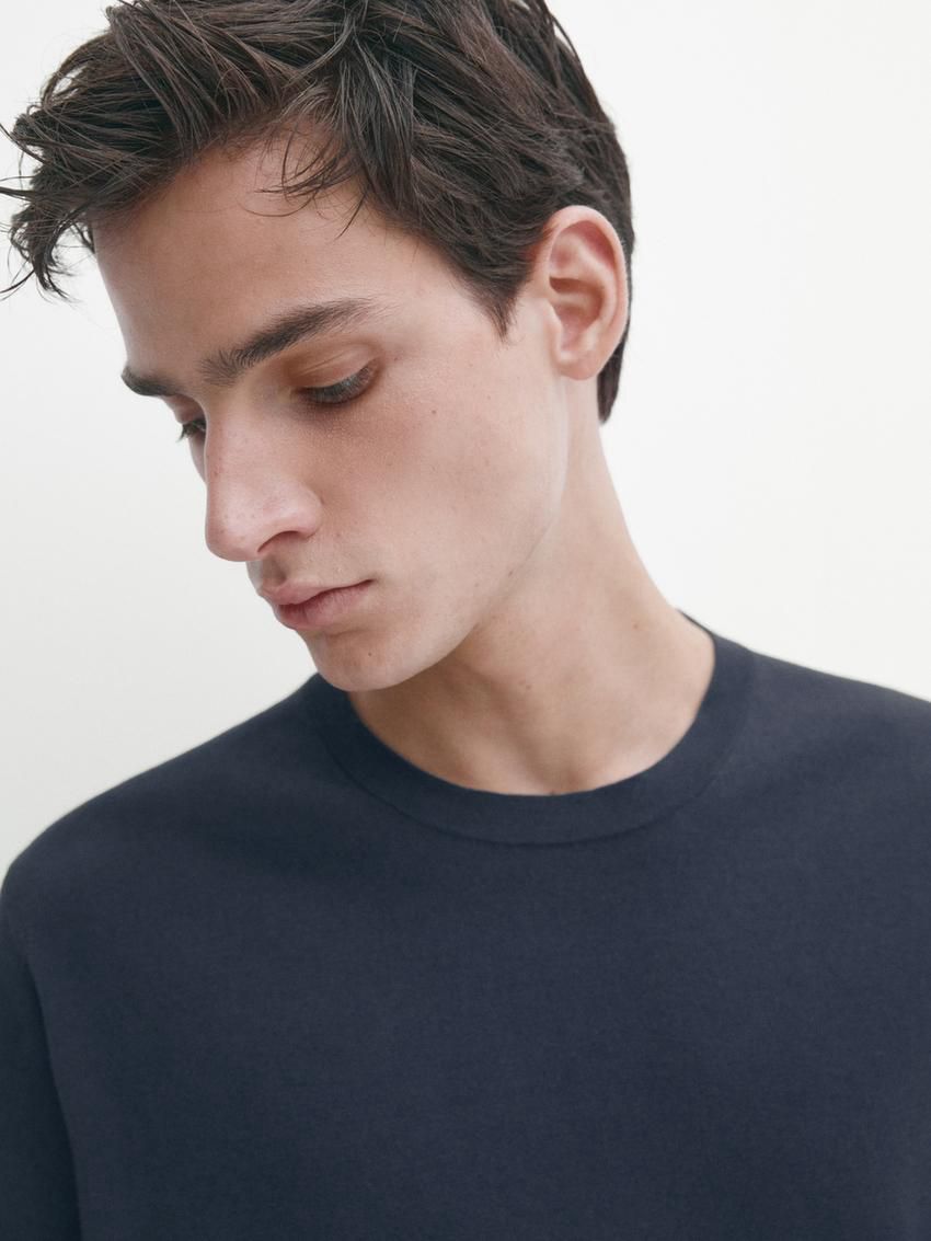 Massimo Dutti Knit Crew Neck With Short Sleeves Men T-Shirt Navy | US-DS6702984