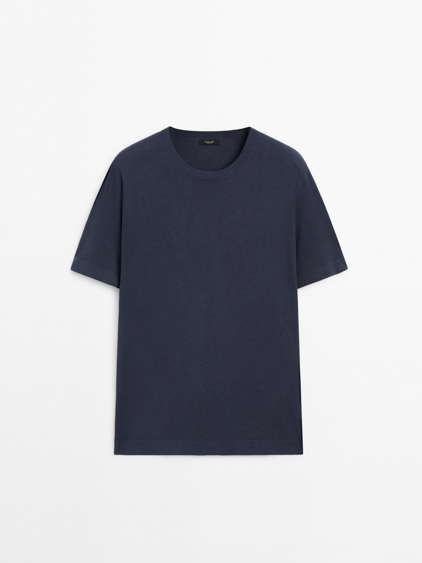 Massimo Dutti Knit Crew Neck With Short Sleeves Men T-Shirt Navy | US-DS6702984