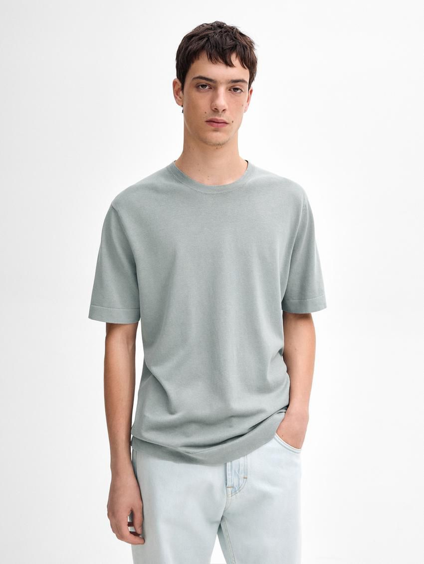 Massimo Dutti Knit Crew Neck With Short Sleeves Men T-Shirt Light Blue | US-TR5160283