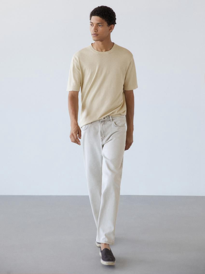 Massimo Dutti Knit Crew Neck With Short Sleeves Men T-Shirt Yellow | US-FY9173205