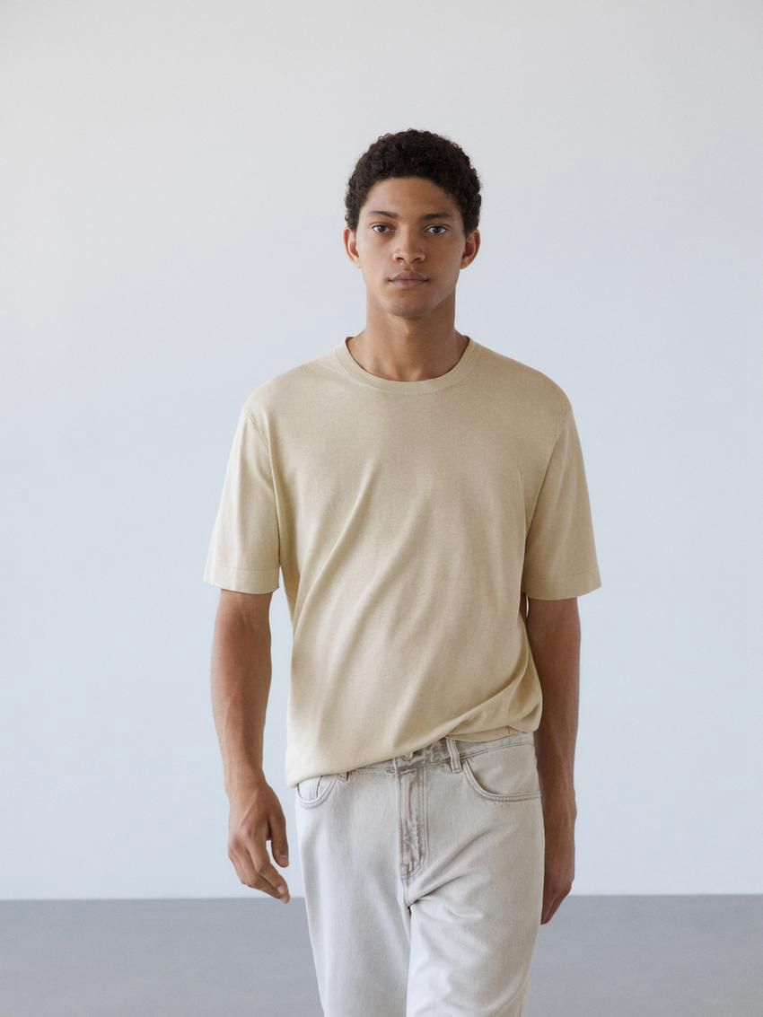 Massimo Dutti Knit Crew Neck With Short Sleeves Men T-Shirt Yellow | US-FY9173205