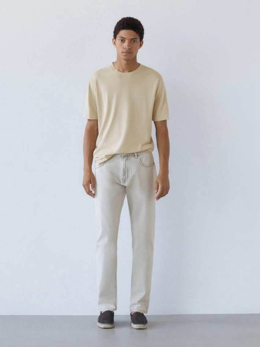Massimo Dutti Knit Crew Neck With Short Sleeves Men T-Shirt Yellow | US-FY9173205