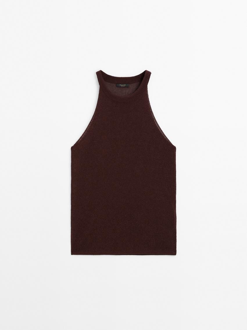 Massimo Dutti Knit Halter With Ribbed Detail Women Top Dark Brown | US-LS3192758