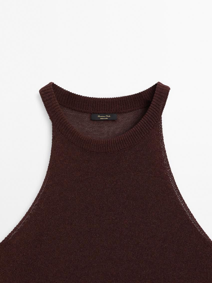 Massimo Dutti Knit Halter With Ribbed Detail Women Top Dark Brown | US-LS3192758
