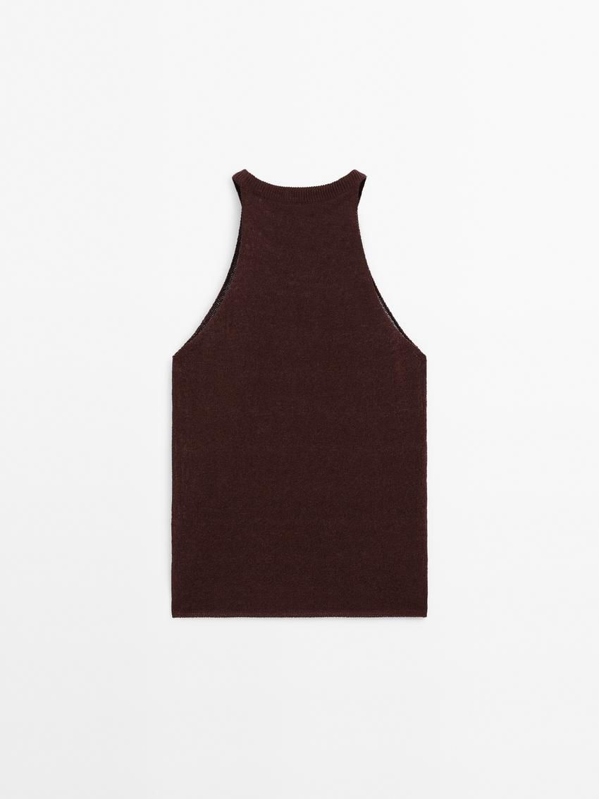 Massimo Dutti Knit Halter With Ribbed Detail Women Top Dark Brown | US-LS3192758