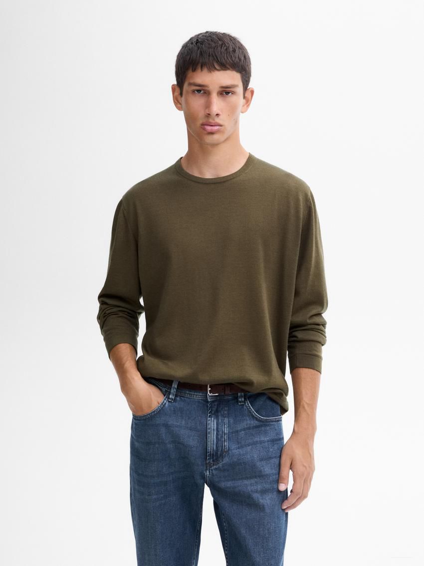 Massimo Dutti Knit Merino Wool With Crew Neck Men Sweater Khaki | US-KR1564293