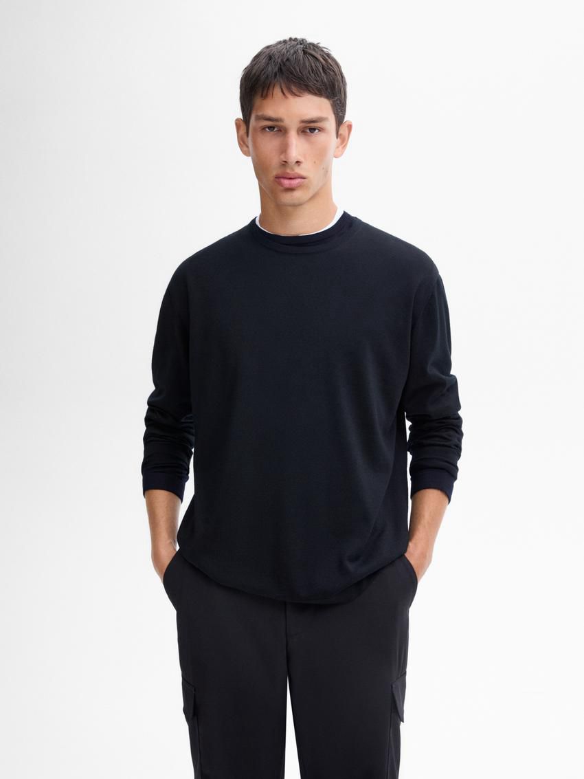 Massimo Dutti Knit Merino Wool With Crew Neck Men Sweater Black | US-TC5163298