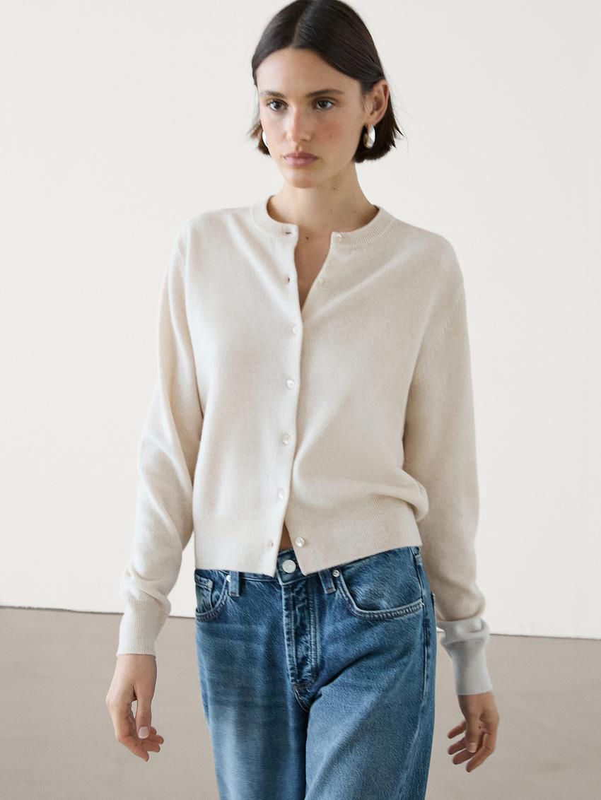 Massimo Dutti Knit With Crew Neck Co-ord Women Cardigan Beige | US-UB4068521