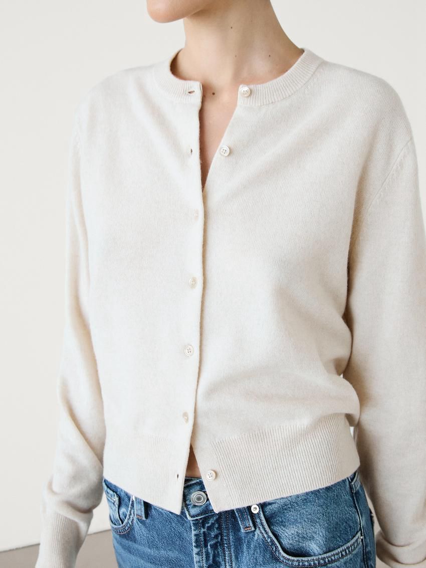 Massimo Dutti Knit With Crew Neck Co-ord Women Cardigan Beige | US-UB4068521