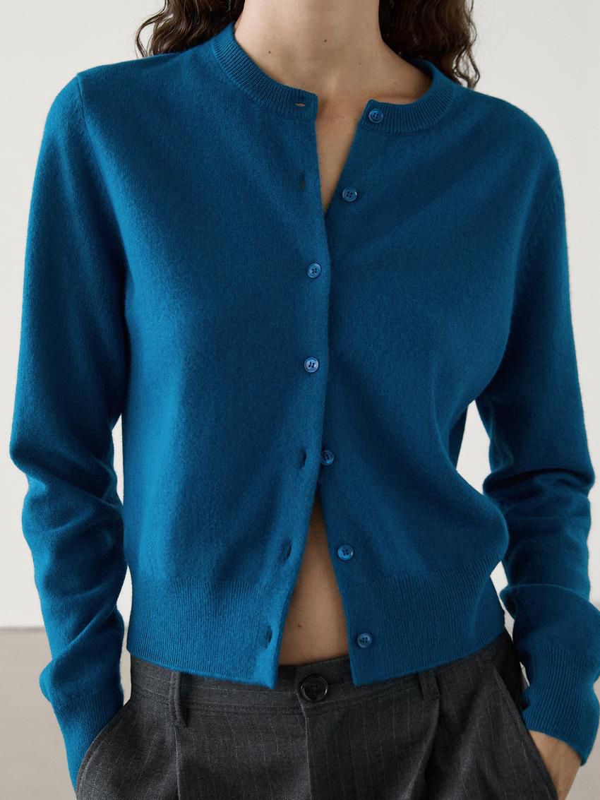 Massimo Dutti Knit With Crew Neck Co-ord Women Cardigan Blue | US-LE6812745