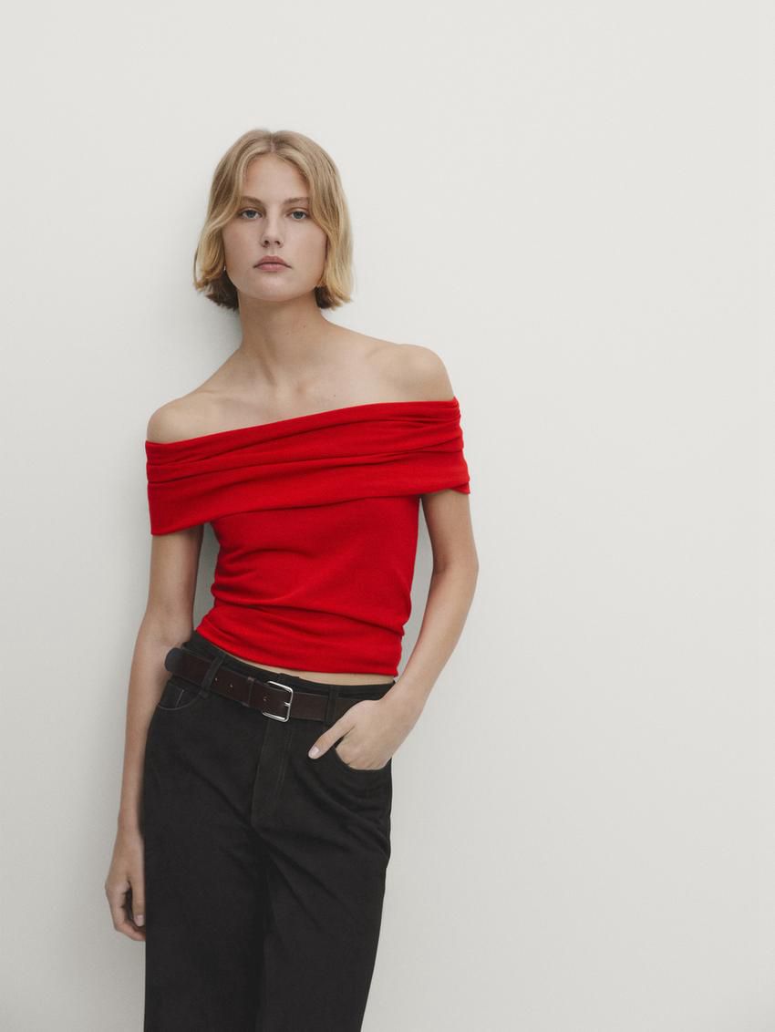 Massimo Dutti Knit With Draped Detail Women Top Red | US-EL6541879