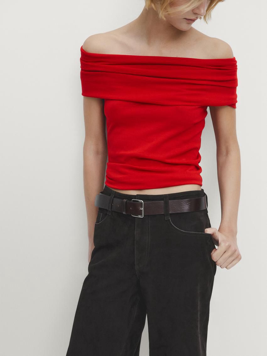 Massimo Dutti Knit With Draped Detail Women Top Red | US-EL6541879