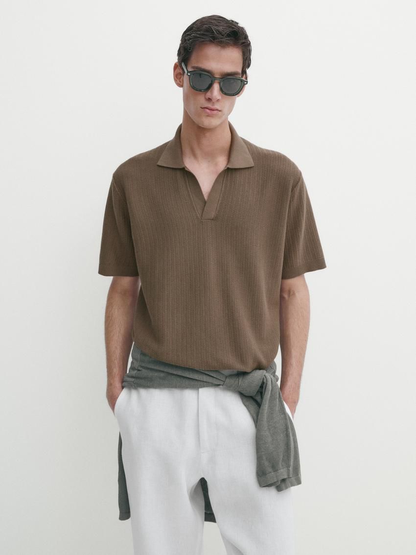 Massimo Dutti Knit With Fabric Detail Men Polo Shirt Brown | US-RH5180234