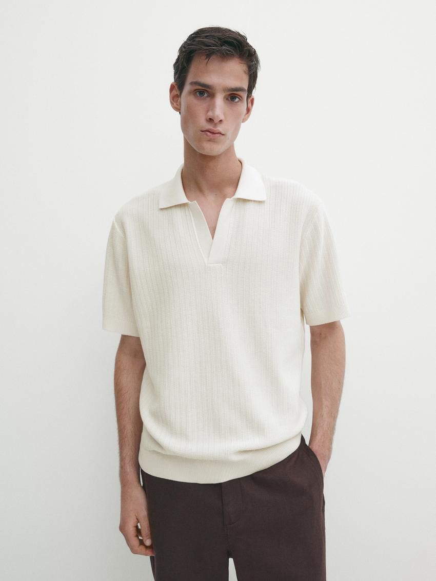 Massimo Dutti Knit With Fabric Detail Men Polo Shirt Cream | US-RY5873106