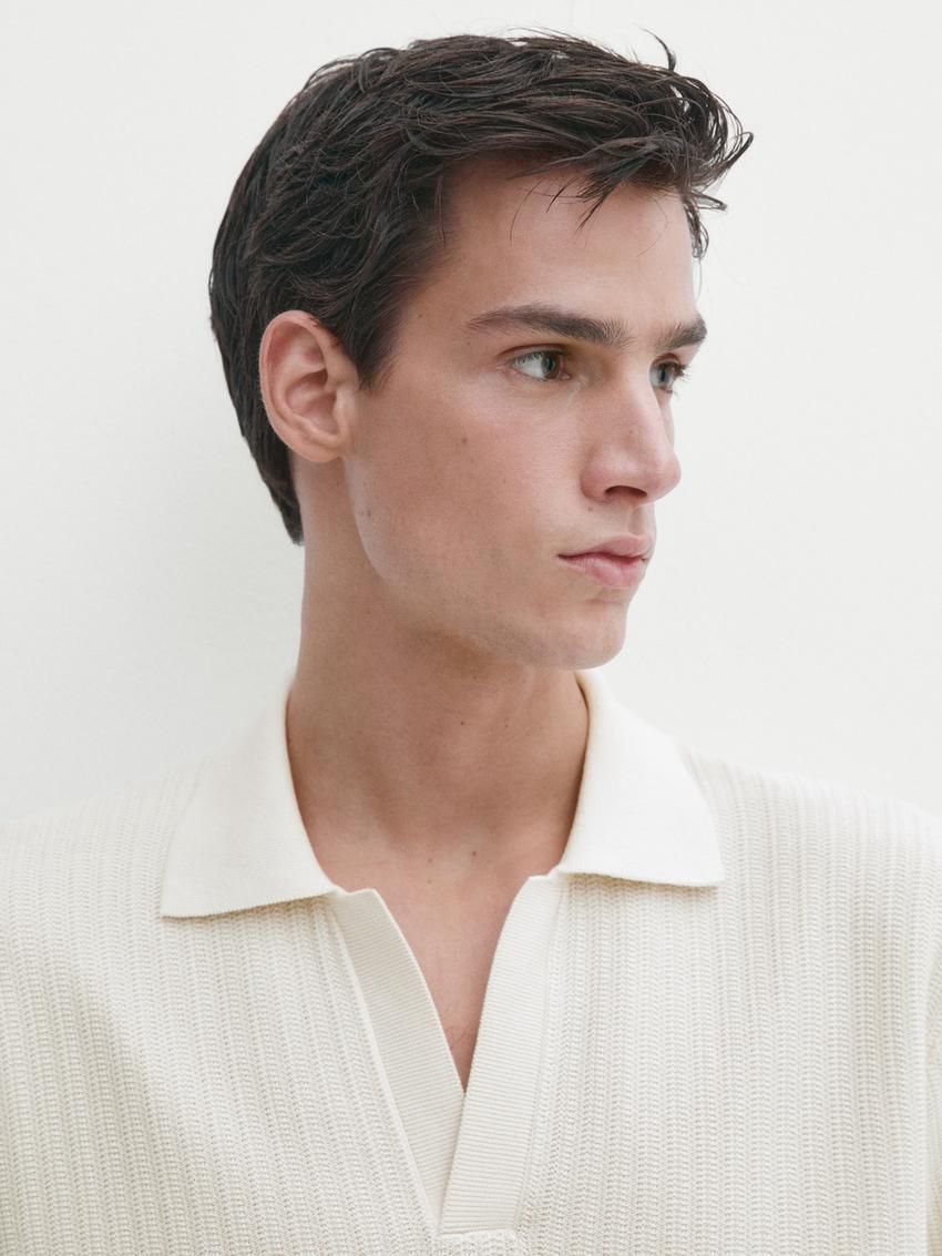 Massimo Dutti Knit With Fabric Detail Men Polo Shirt Cream | US-RY5873106