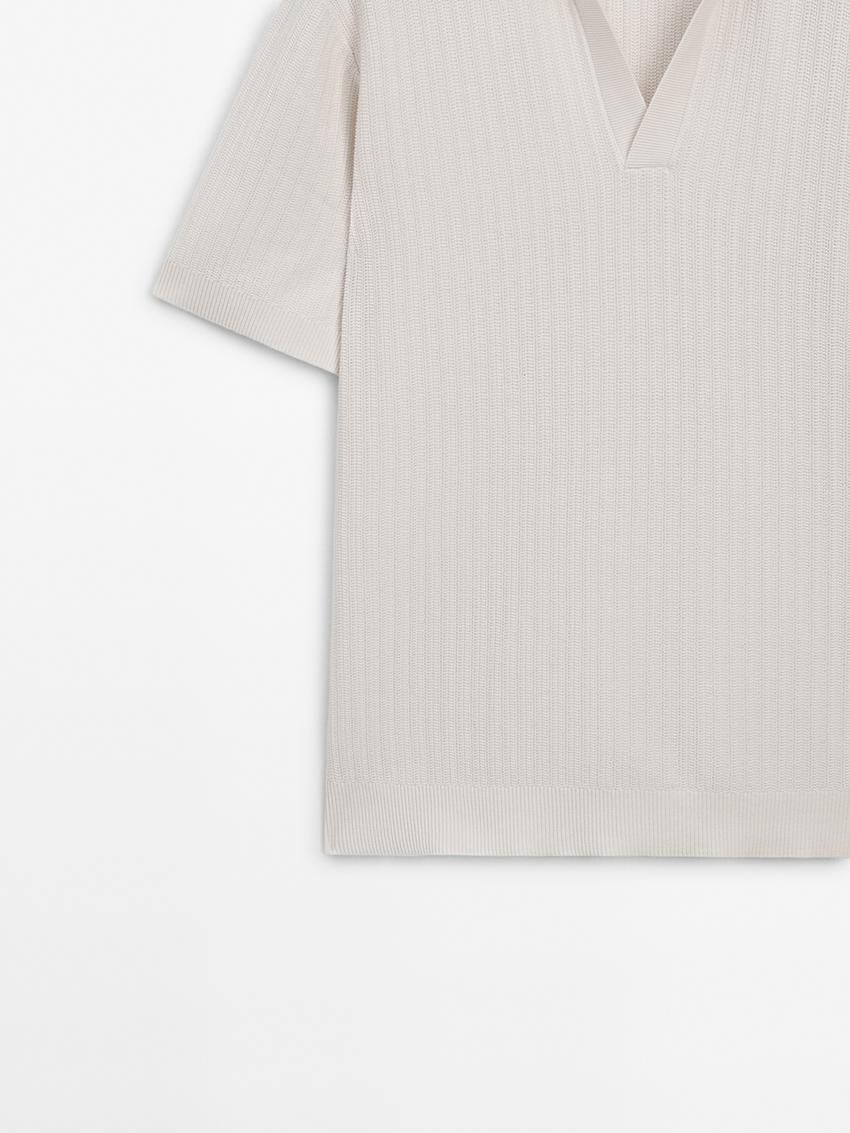 Massimo Dutti Knit With Fabric Detail Men Polo Shirt Cream | US-RY5873106