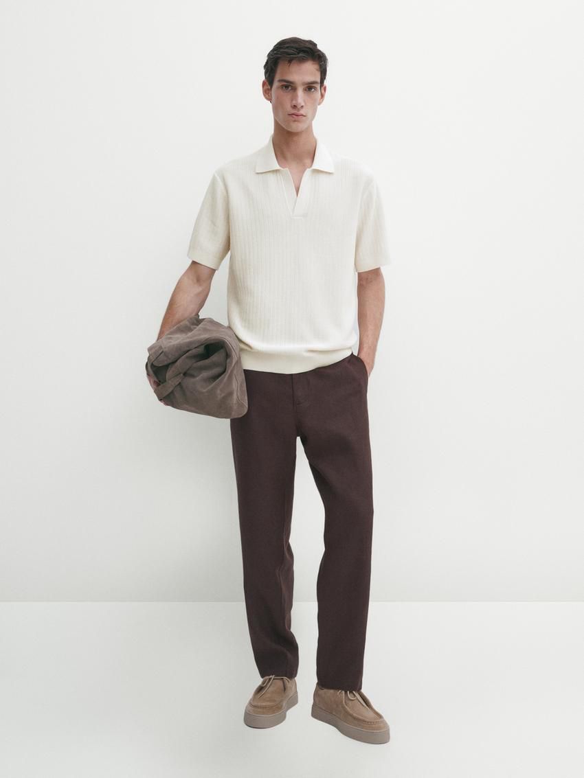 Massimo Dutti Knit With Fabric Detail Men Polo Shirt Cream | US-RY5873106