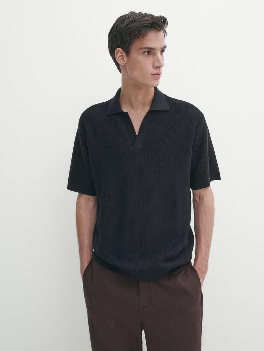 Massimo Dutti Knit With Fabric Detail Men Polo Shirt Navy | US-CS1385247