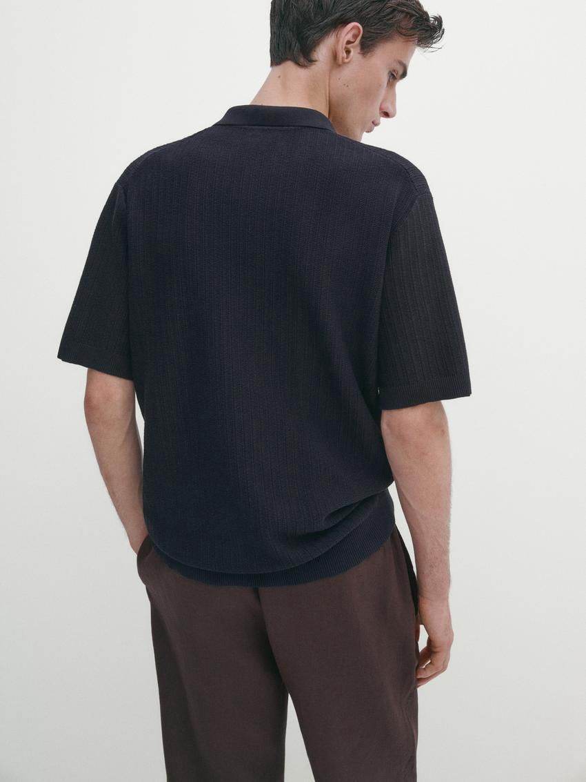 Massimo Dutti Knit With Fabric Detail Men Polo Shirt Navy | US-CS1385247