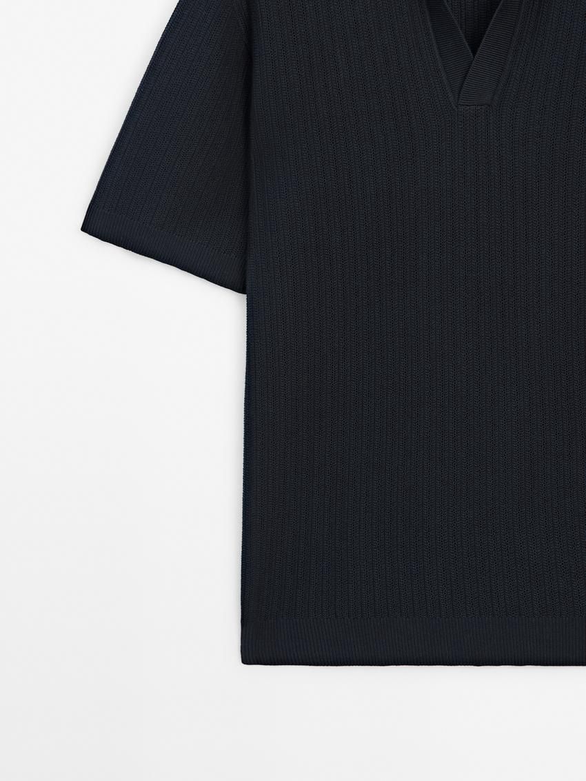 Massimo Dutti Knit With Fabric Detail Men Polo Shirt Navy | US-CS1385247