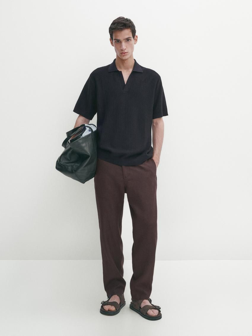 Massimo Dutti Knit With Fabric Detail Men Polo Shirt Navy | US-CS1385247