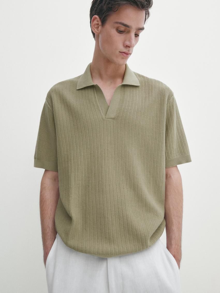 Massimo Dutti Knit With Fabric Detail Men Polo Shirt Green | US-PH3921806