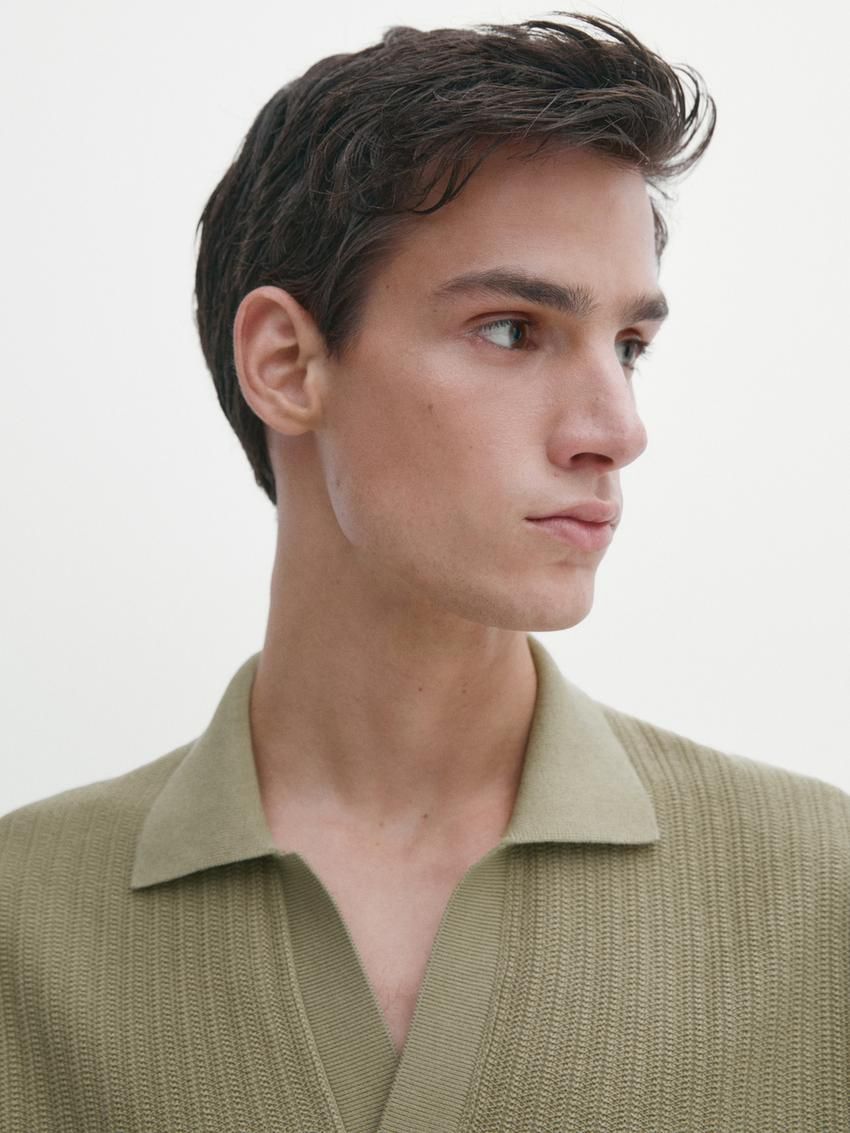 Massimo Dutti Knit With Fabric Detail Men Polo Shirt Green | US-PH3921806