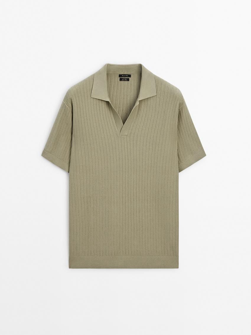 Massimo Dutti Knit With Fabric Detail Men Polo Shirt Green | US-PH3921806