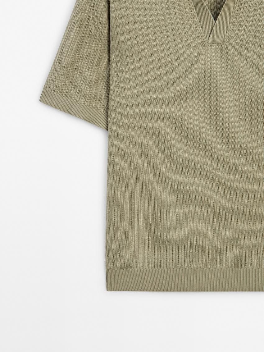 Massimo Dutti Knit With Fabric Detail Men Polo Shirt Green | US-PH3921806