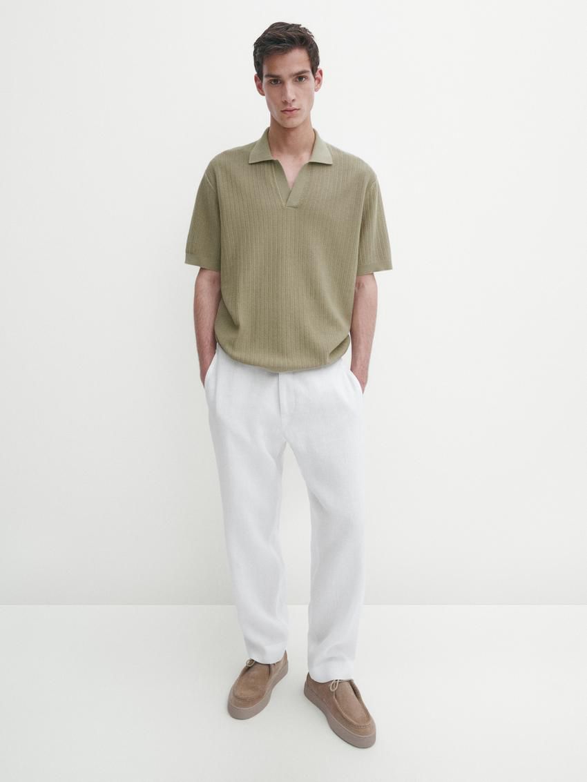 Massimo Dutti Knit With Fabric Detail Men Polo Shirt Green | US-PH3921806