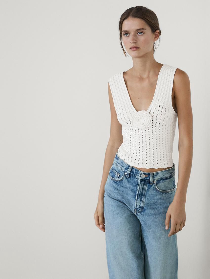 Massimo Dutti Knit With Floral Detail Women Top White | US-JP6471239