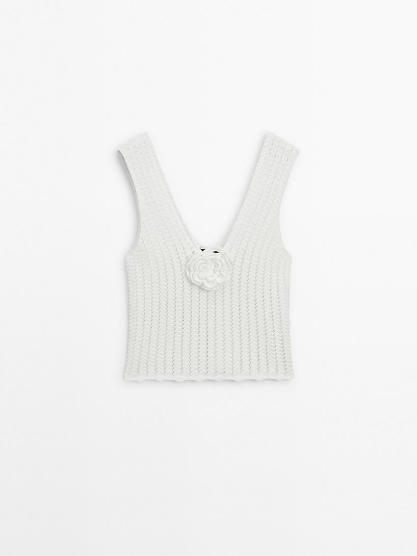 Massimo Dutti Knit With Floral Detail Women Top White | US-JP6471239