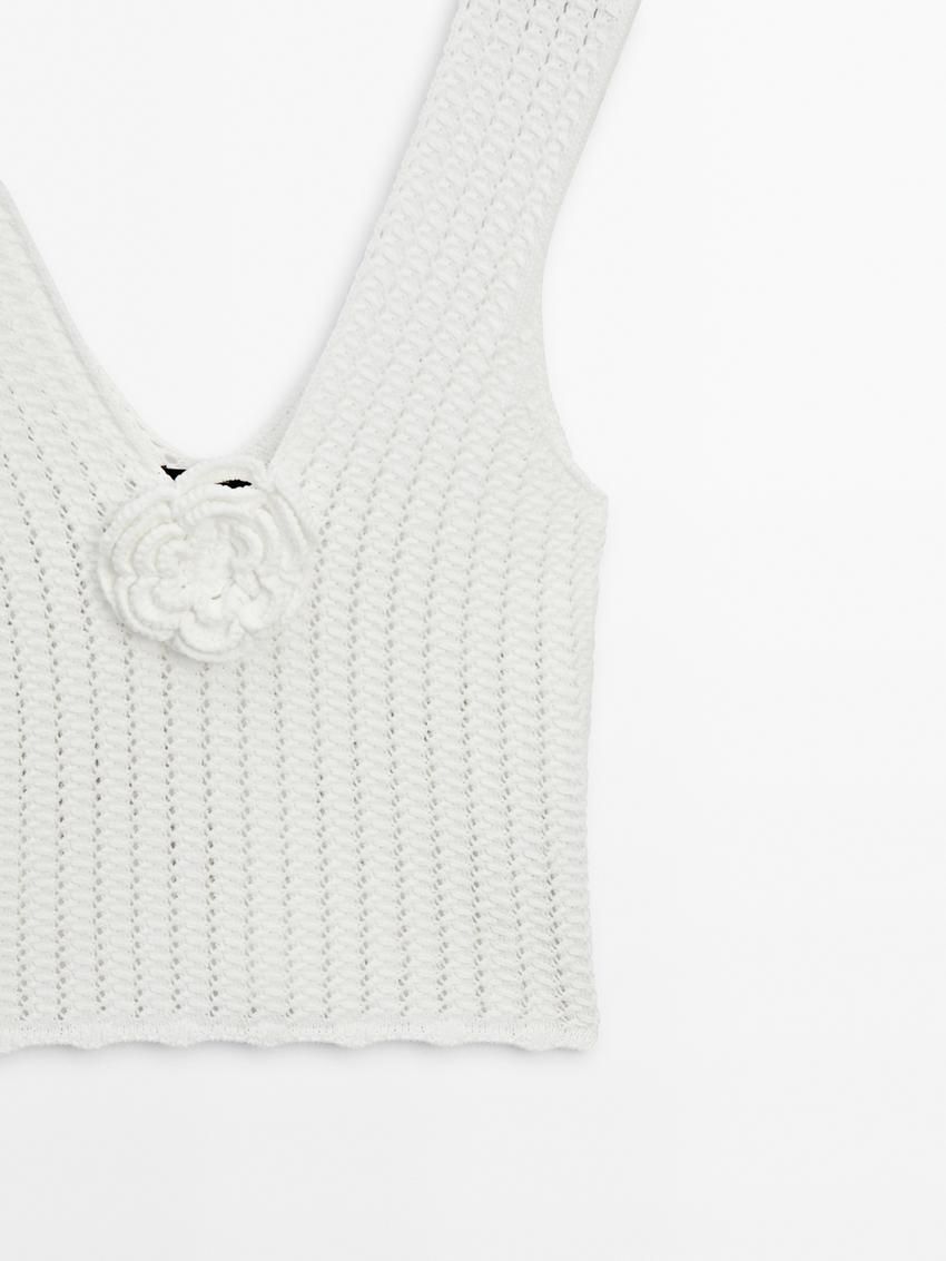 Massimo Dutti Knit With Floral Detail Women Top White | US-JP6471239
