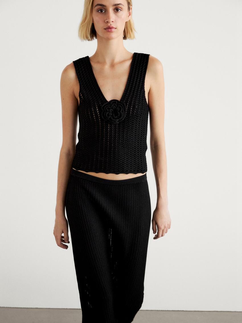 Massimo Dutti Knit With Floral Detail Women Top Black | US-CK3268401