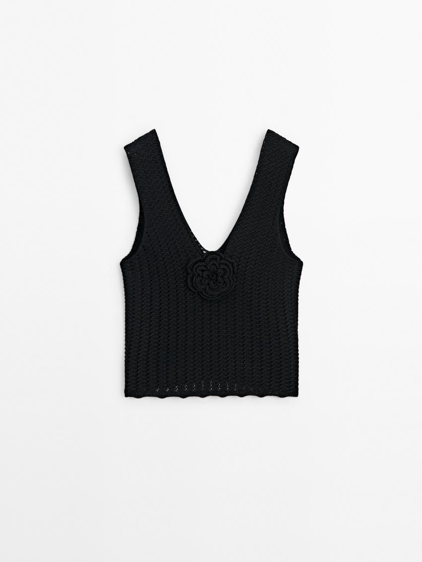 Massimo Dutti Knit With Floral Detail Women Top Black | US-CK3268401
