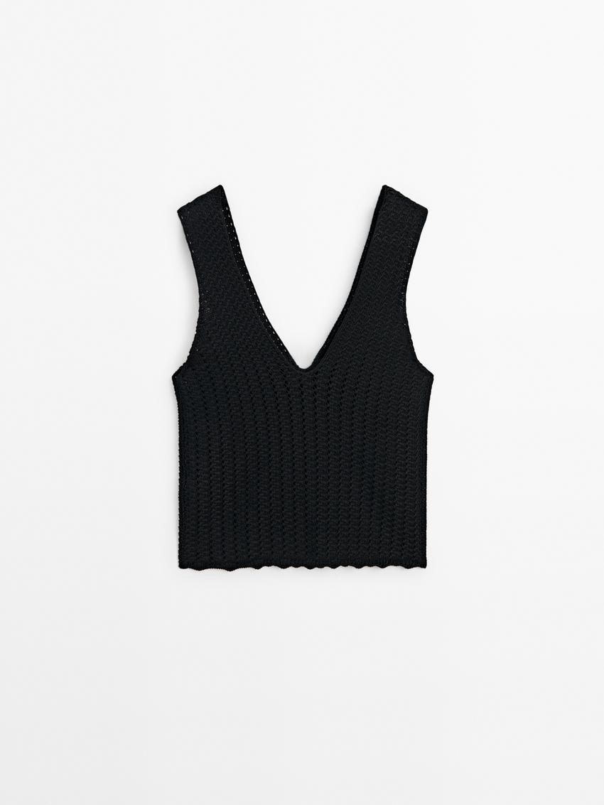 Massimo Dutti Knit With Floral Detail Women Top Black | US-CK3268401