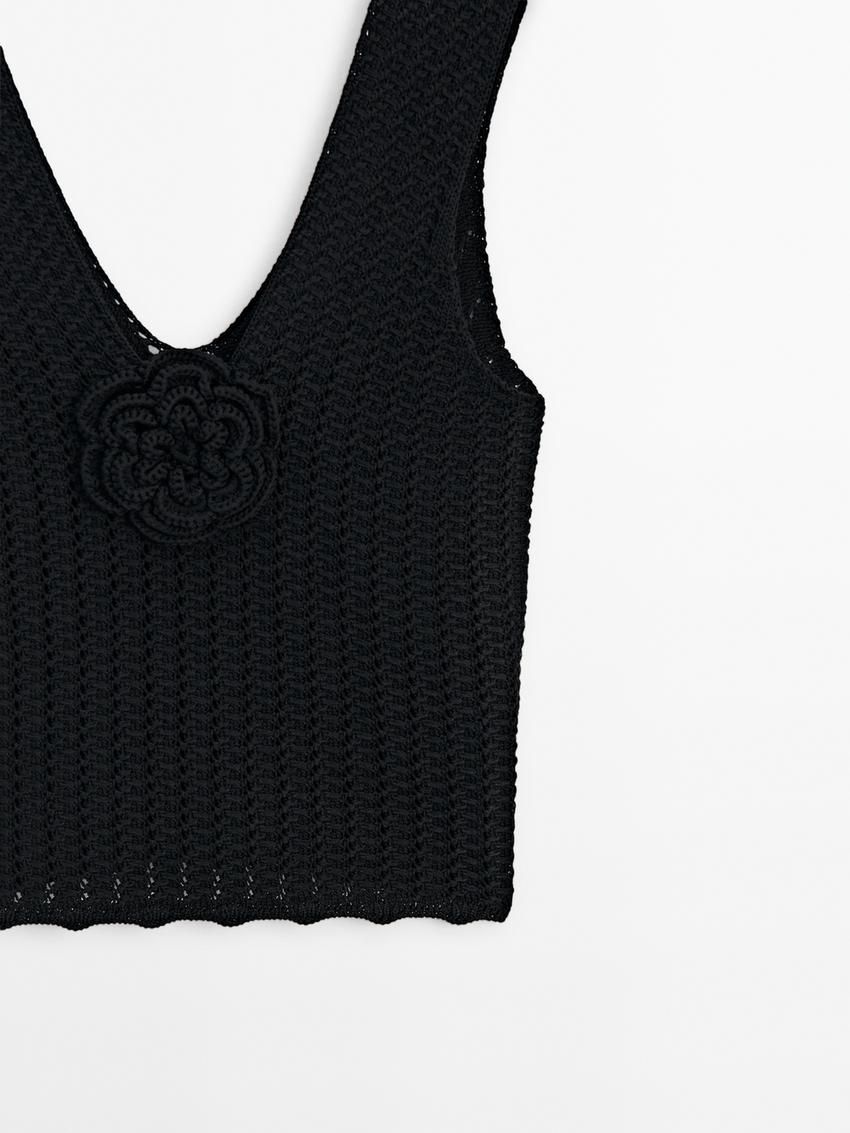Massimo Dutti Knit With Floral Detail Women Top Black | US-CK3268401