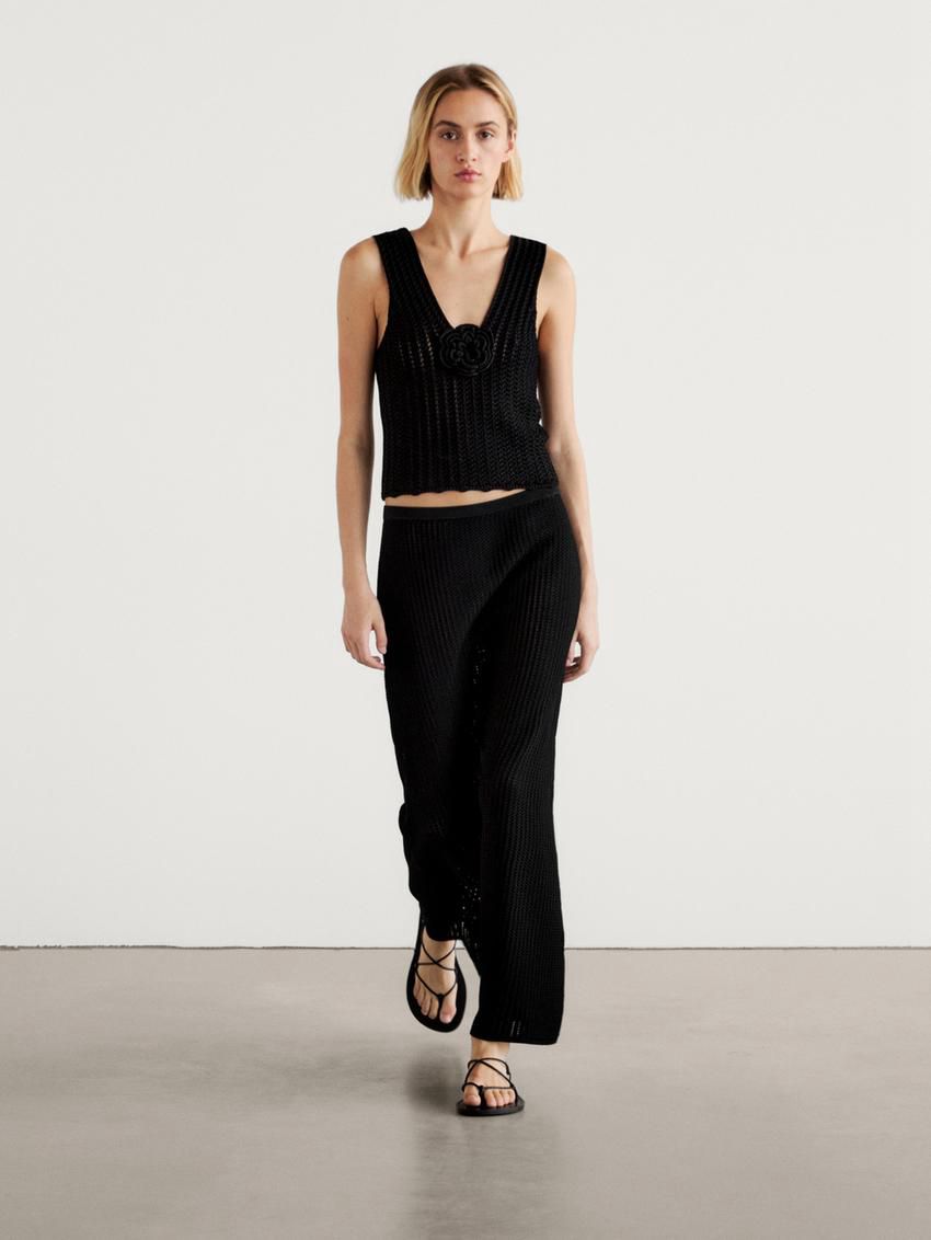 Massimo Dutti Knit With Floral Detail Women Top Black | US-CK3268401