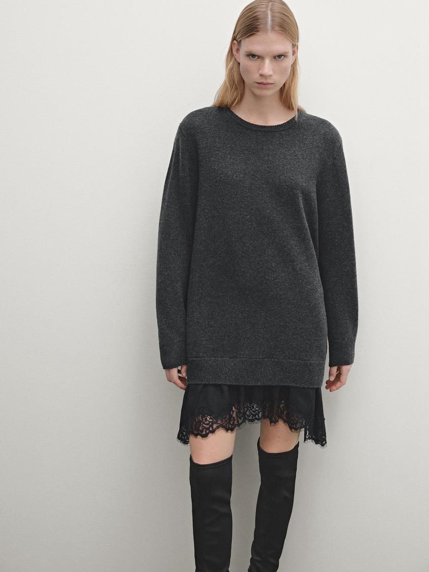 Massimo Dutti Knit With Lace Trim Hem Women Dress Dark Grey | US-PT0826493