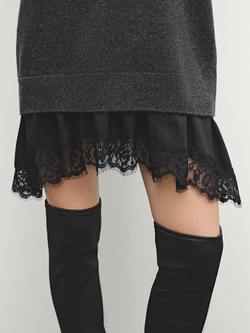 Massimo Dutti Knit With Lace Trim Hem Women Dress Dark Grey | US-PT0826493