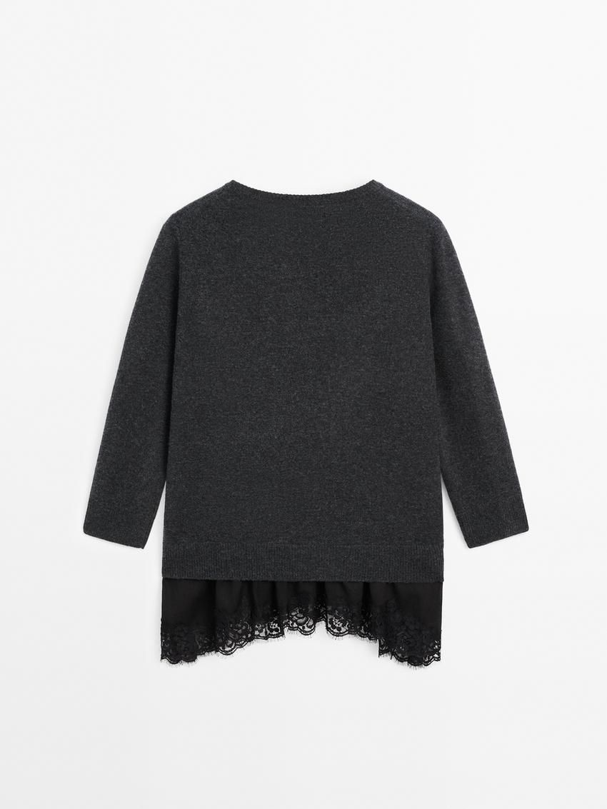 Massimo Dutti Knit With Lace Trim Hem Women Dress Dark Grey | US-PT0826493