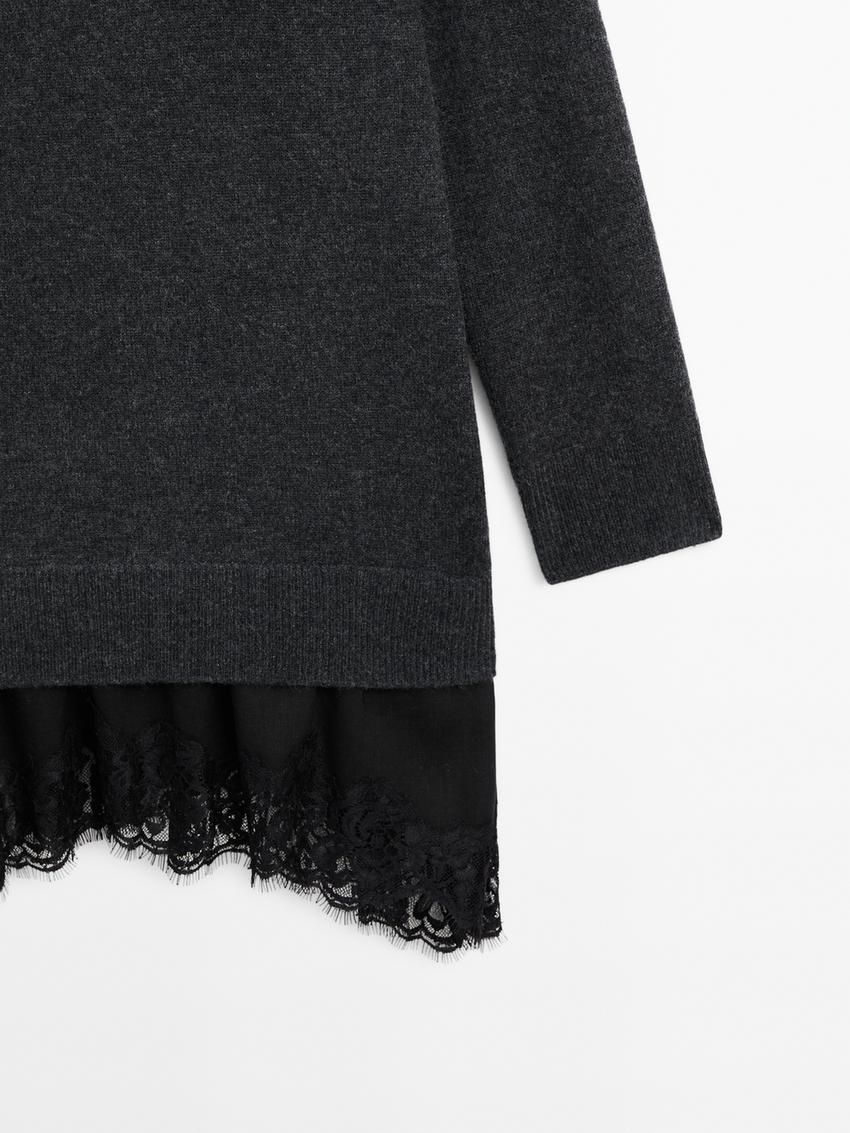 Massimo Dutti Knit With Lace Trim Hem Women Dress Dark Grey | US-PT0826493