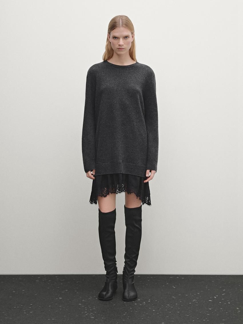 Massimo Dutti Knit With Lace Trim Hem Women Dress Dark Grey | US-PT0826493