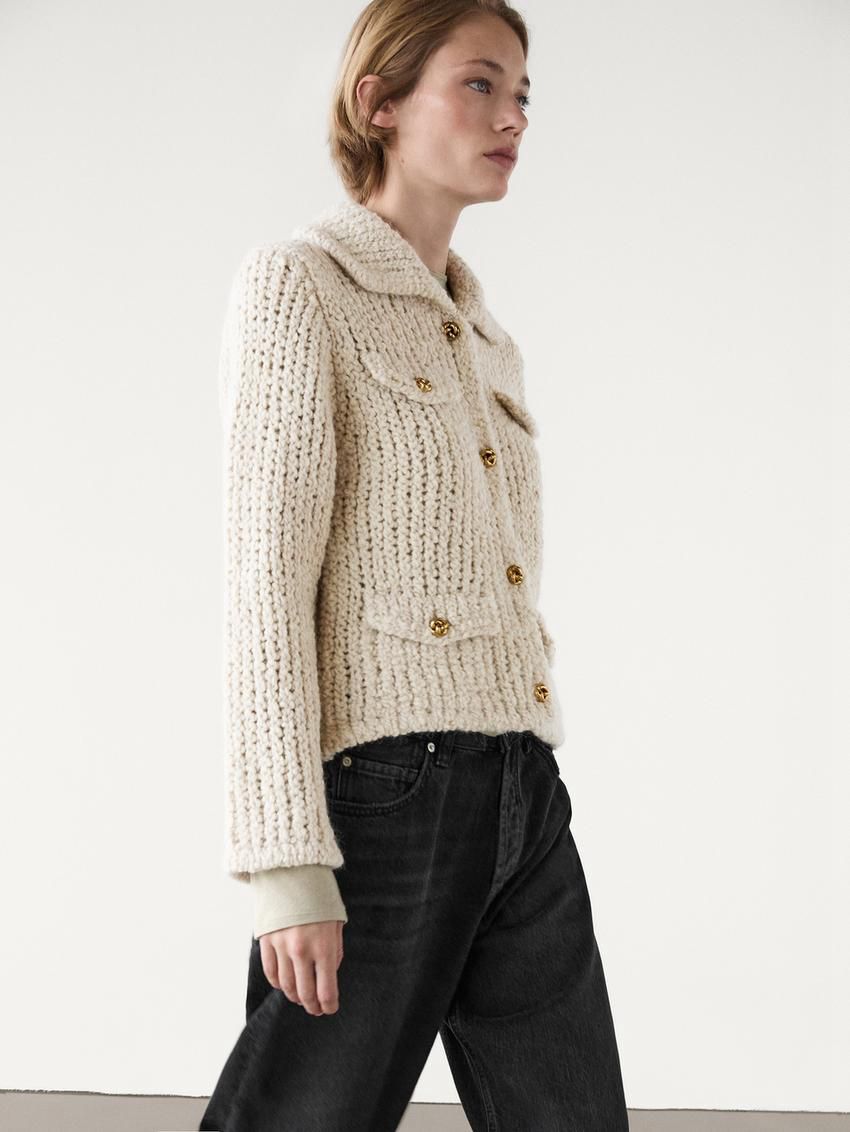 Massimo Dutti Knit With Pocket Details Women Cardigan Cream | US-DV5036814