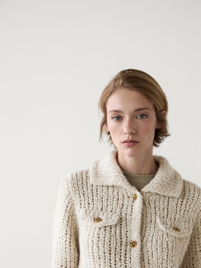 Massimo Dutti Knit With Pocket Details Women Cardigan Cream | US-DV5036814