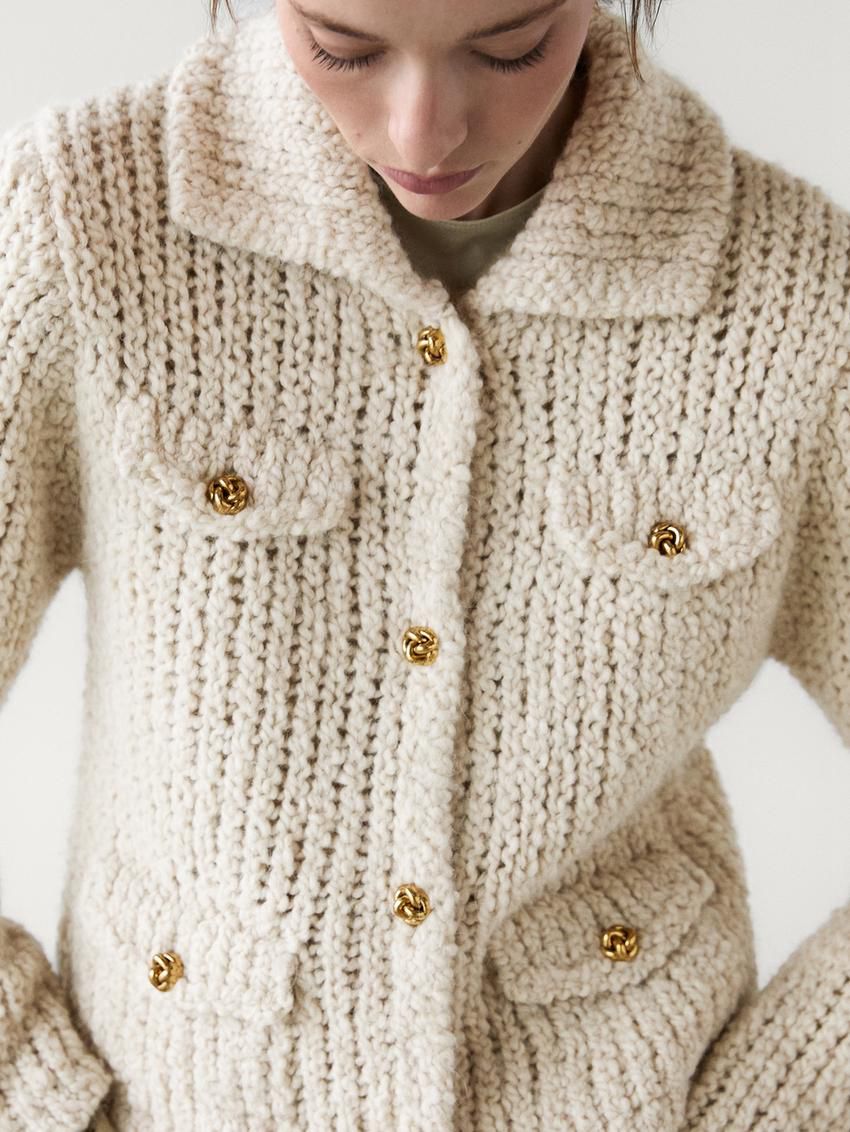 Massimo Dutti Knit With Pocket Details Women Cardigan Cream | US-DV5036814