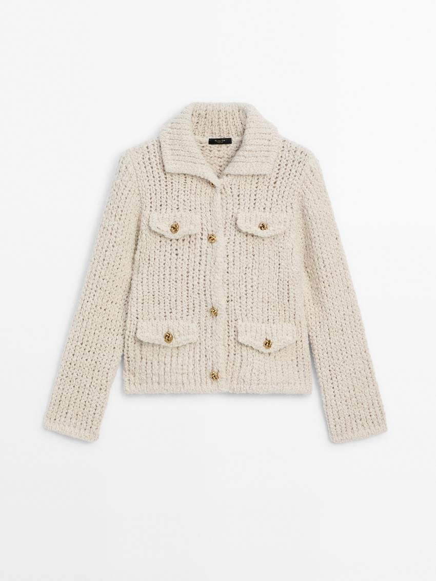 Massimo Dutti Knit With Pocket Details Women Cardigan Cream | US-DV5036814